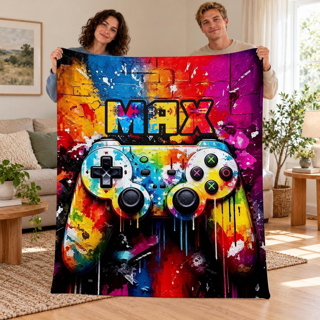 Personalized Gamer Blanket, Custom Name Gaming Controller Throw, Colorful Graffiti Game Room Decor, Video Game Gift for Boys Teens & Adults