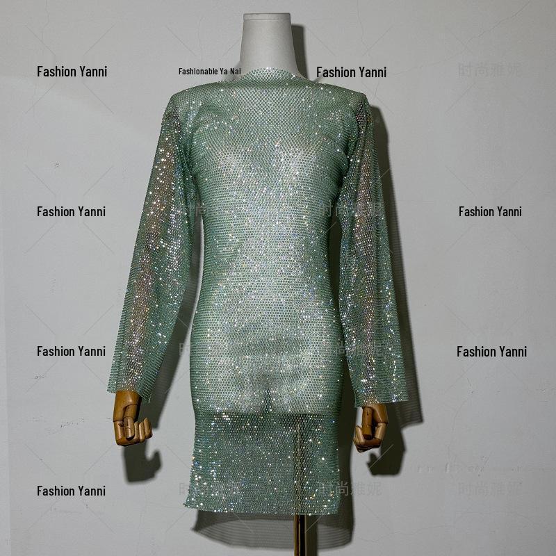 Yanni Fashion Blue Feather & Rhinestone Dress with Long-Sleeve Top and Skirt