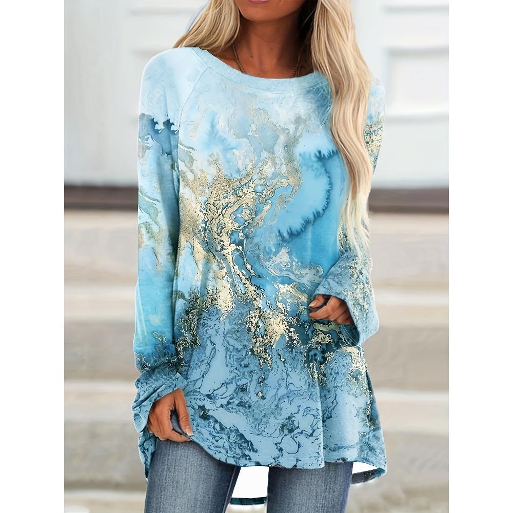 Tie Dye Printed Long Sleeved Round Neck Top for Autumn and Winter Casual Women's Wear
