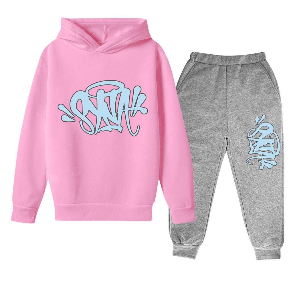 Kinder Langarm Lockerer Pullover Buchstaben-Print Kordelzug Kapuzen-Sweatshirt Set