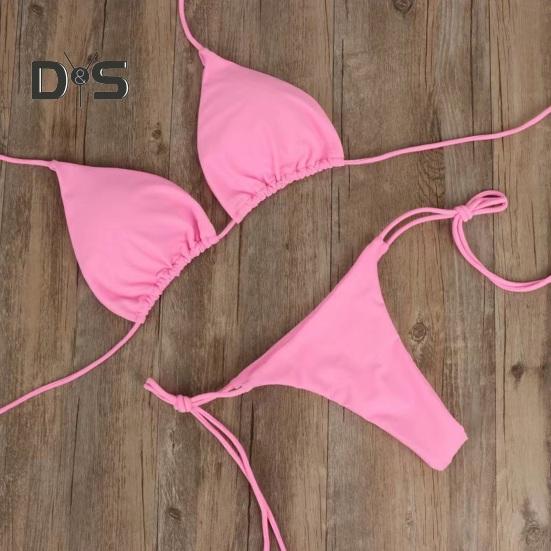 2 Pcs/Set Ladies Triangle Bikini Halter Neck Swimwear with Chest Pads Lace-up Thong Swimsuit Sexy Beachwear Bathing Suit for Beach Vacation Pool
