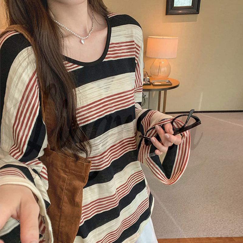 Vintage Hong Kong Style V-neck Long Sleeve Sun Protection Top with Black and Red Stripes Large