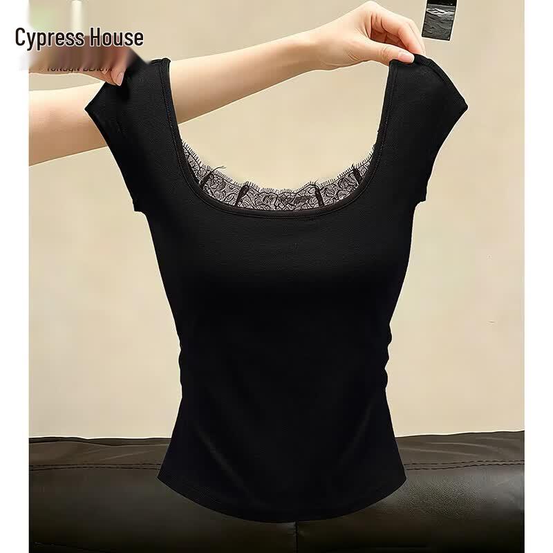 Women s Square Neck Lace-Trim T-shirt S чёрный
