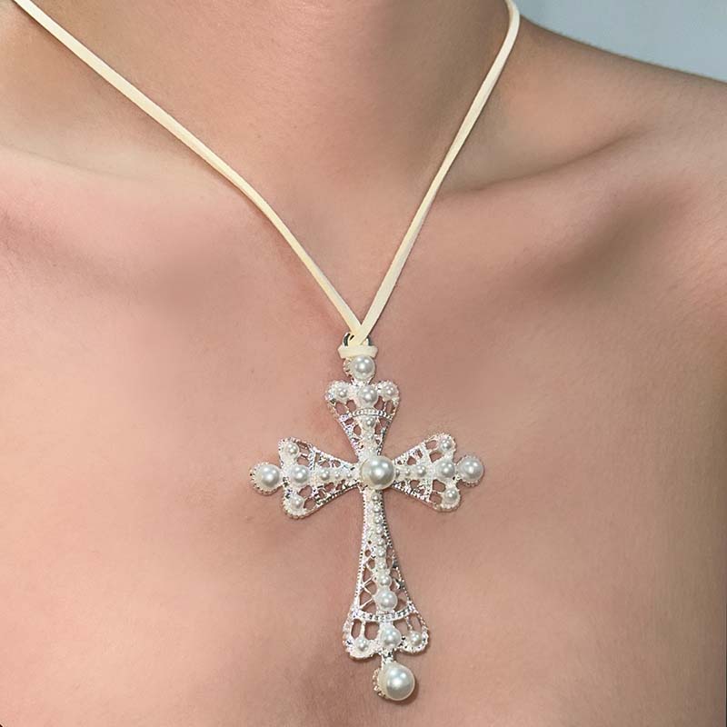 Hiphop Punk Imitation Pearl Cross Pendant Necklace for Men Women Gothic Long Adjustable Rope Chain Fashion Jewelry Accessories