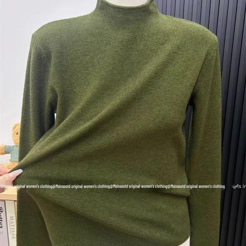 Noble Bourgeois Olive Green High-Neck Knit Sweater for Women - Stylish Autumn/Winter Layer