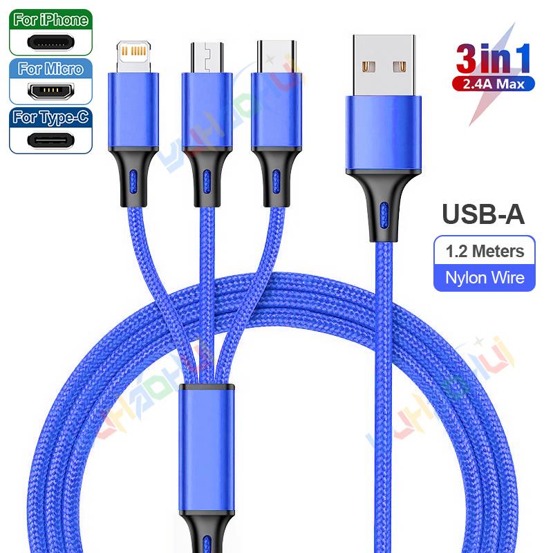 2.4A Max 3 w 1 kabel USB szybkie ładowanie kabel błyskawicy do iPhone'a typu C kabel do ładowania telefonu komórkowego do Xiaomi Samsung USB Micro