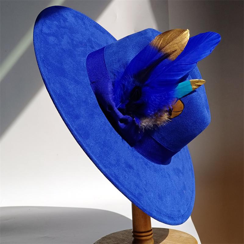 Purple Feathers Suede Top Hat 9.5Cm Wide Brim Fedora Hat Men Women Autumn Winter Felt Jazz Hats Classic Church Fedoras Sombrero