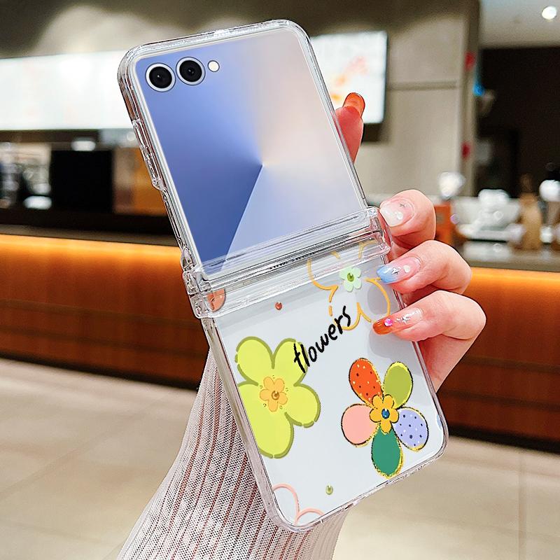 Colorful Flowers Patterned Phone Case For Samsung Galaxy Z Flip 7 FE 6 5 4 3 5G Folding Hard PC Clear Cover For Samsung Z Flip7