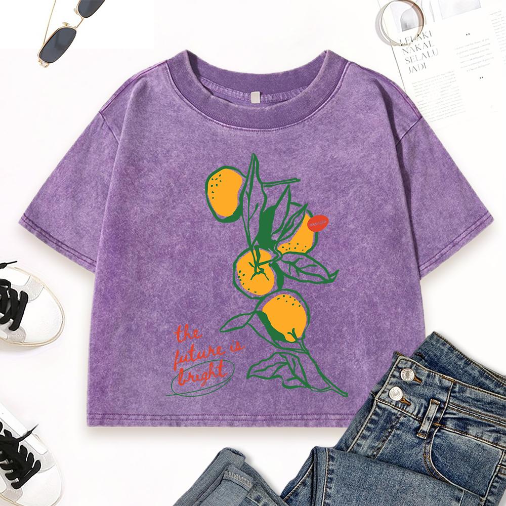 Fresh Lemon Fruit  Print Washed Crop T Shirt Women Crewneck Fitness Y2K T-Shirts Cotton Casual Short Sleeve Tops