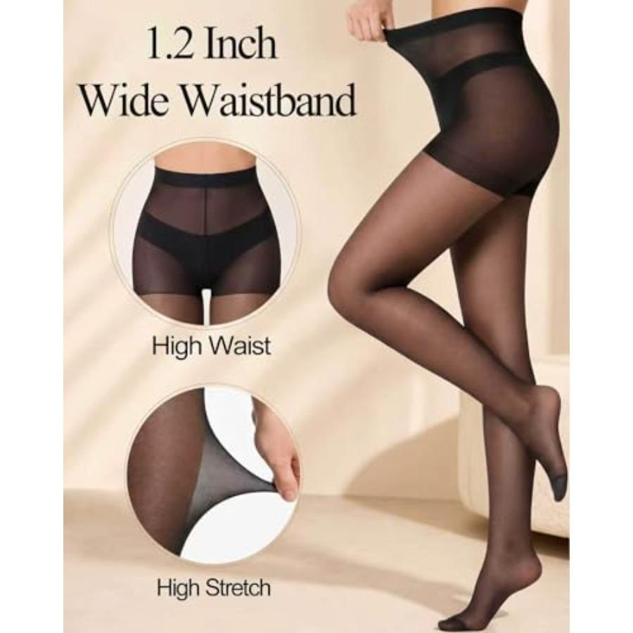 3 Pairs Black Sheer Tights For Women, 20D Run-Resistant Control Top Pantyhose Nylon Stockings With Reinforced Toes