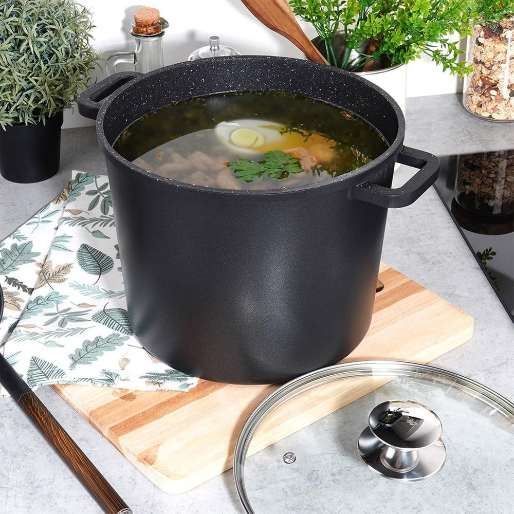 Hoher Granittopf mit Glasdeckel zum Kochen und Schmoren 7,6L