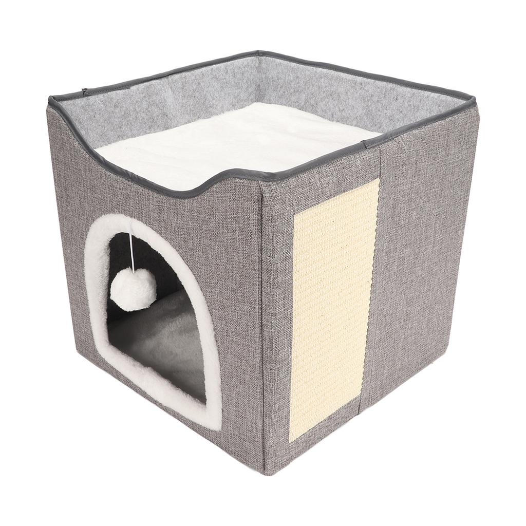 Cat House Foldable Enclosed Warm Breathable Cat Cave Bed with Scratcher Plush Ball for Indoor Gray