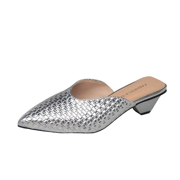 2025 spring and summer new stone pattern solid color female pointed head thin heel medium heel slippers high heel bag head half drag outer wear female