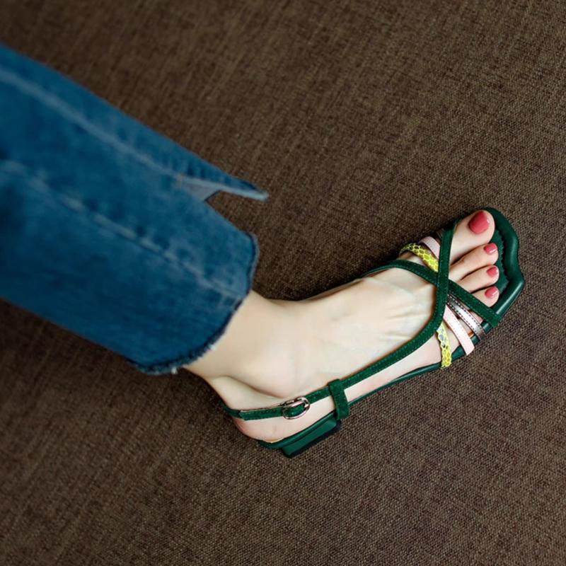 Women's Fashion Round Head Open Toe Cross Thin Metal Buckle Non-slip Square Heel Shoes Matching Color Low Heel Sandals