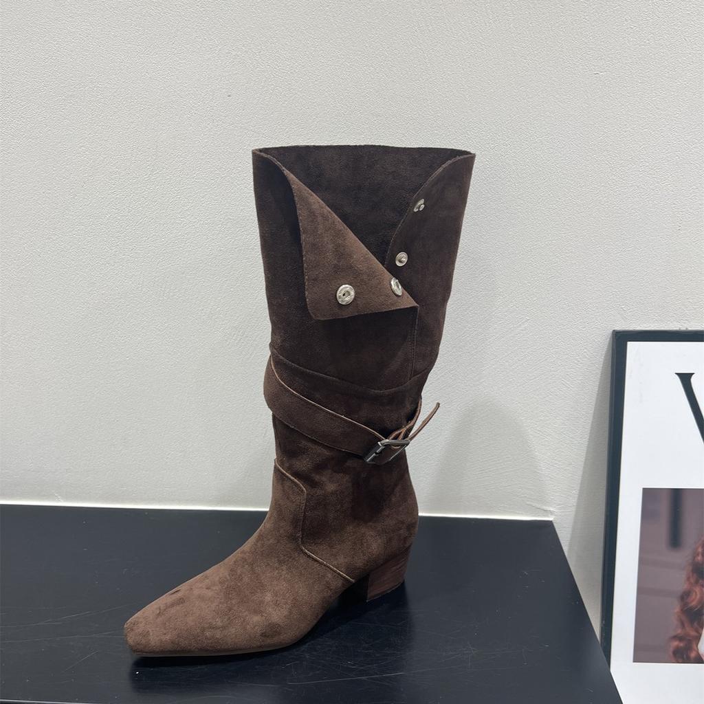 High Heel Suede Pointed Pile Boots Medium Knight Boots Season Brown Long Skinny Boots