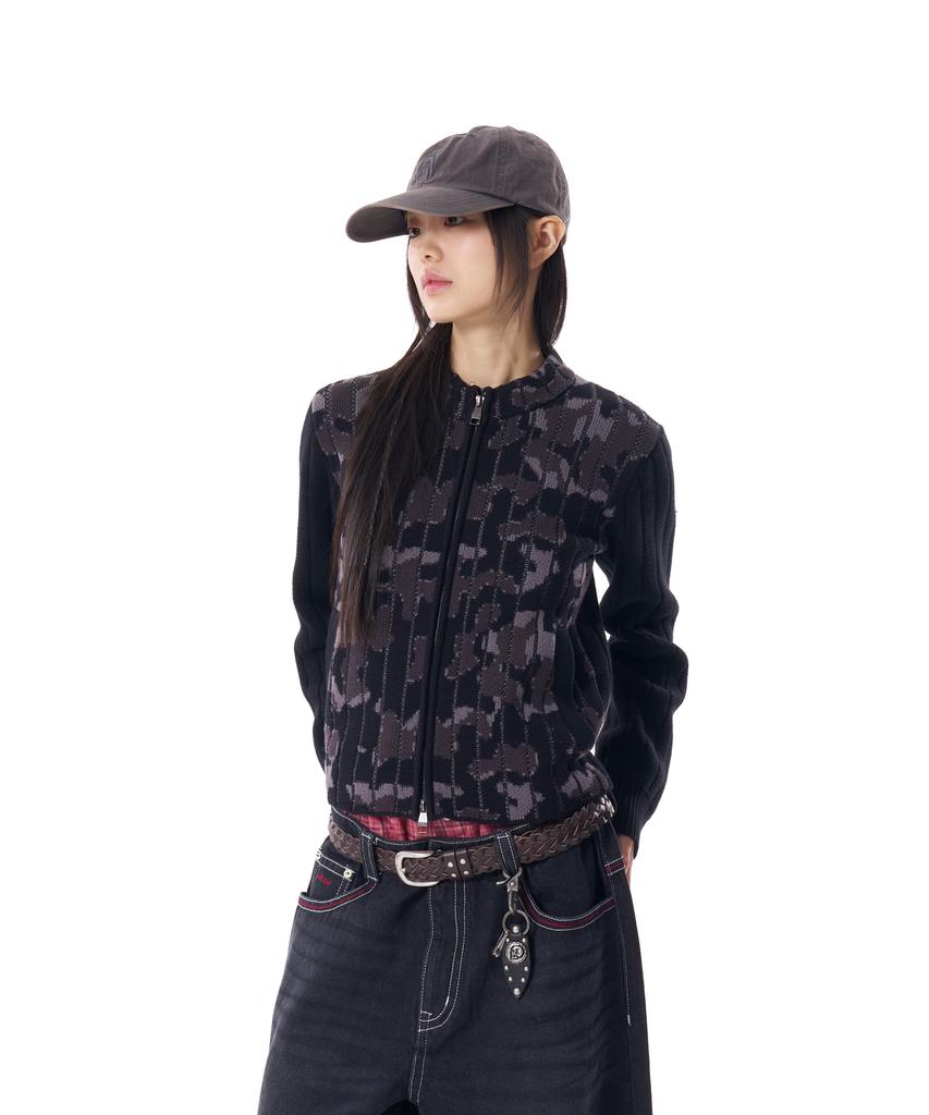 Aakam Camouflage Knit Zip-Up Cardigan (Black)