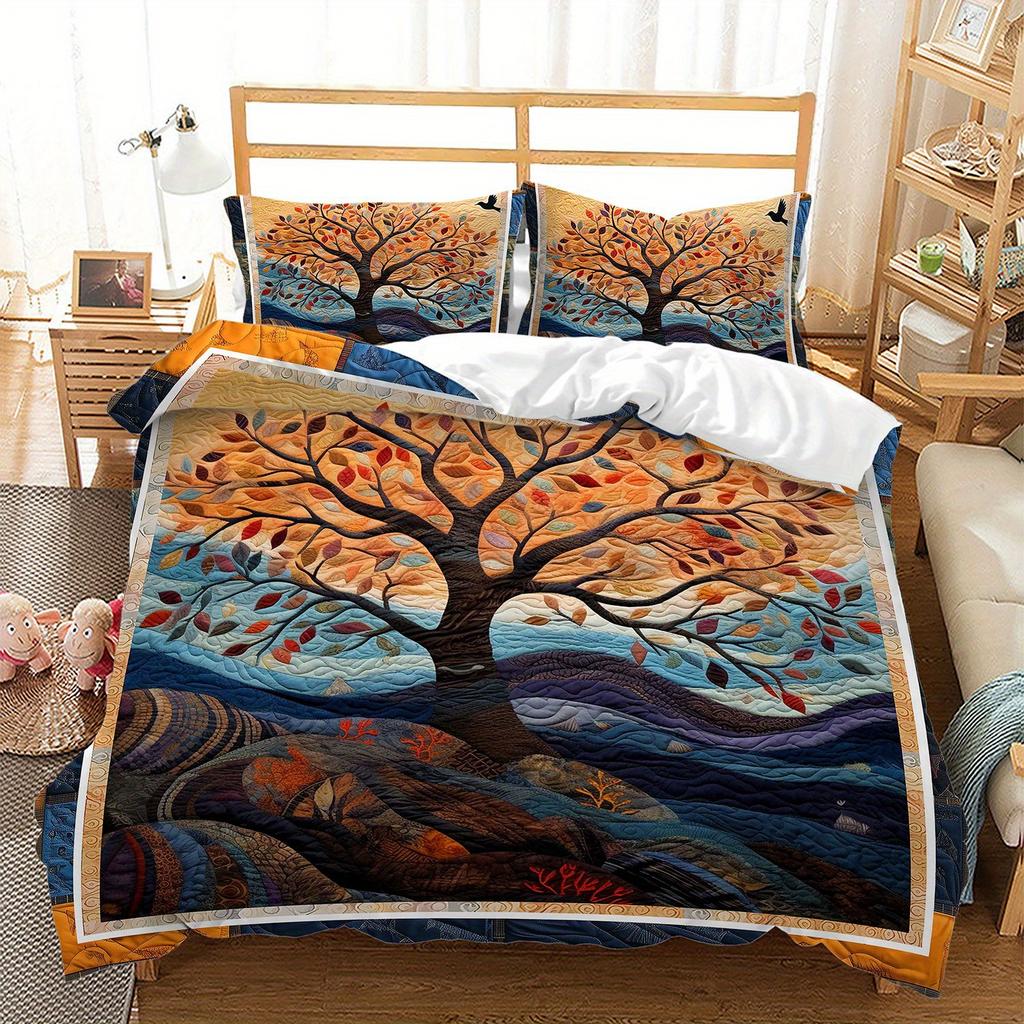 3pcs Bedding Set Featuring an Autumn Tree Landscape, Designed in a Bohemian Style. This Nature-Themed Quilt Set