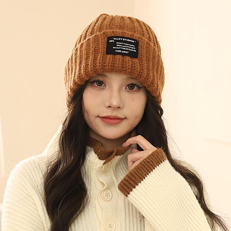 Jednobarevná vlněná pletená čepice - velká, teplá, unisex na outdoor, podzim a zima, korejský styl
