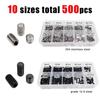 500pcs M2.5 M3 M4 DIN913 304 Stainless Steel Black Hex Hexagon Socket Allen Flat Point Grub Bolt Set Screw Kit Box