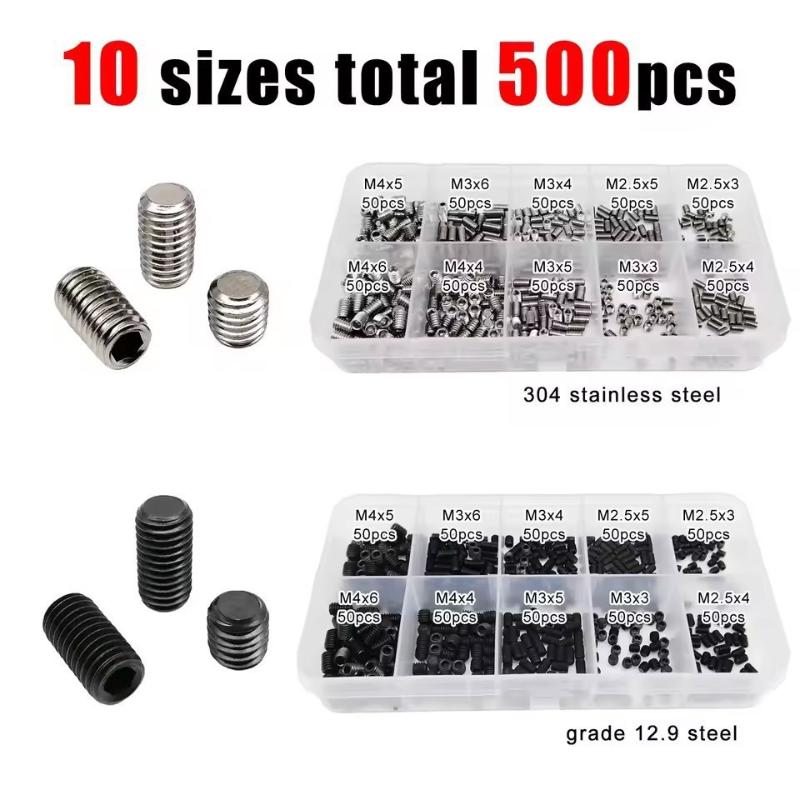 500pcs M2.5 M3 M4 DIN913 304 Stainless Steel Black Hex Hexagon Socket Allen Flat Point Grub Bolt Set Screw Kit Box