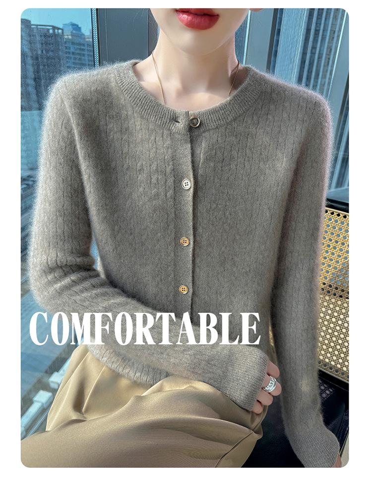 2026 Autumn/Winter Women's Soft Chunky Cable Knit Wool Cardigan Sweater - Round Neck Solid Color Top