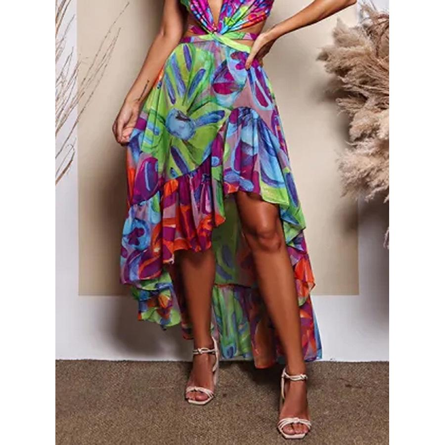 

Юбка миди с абстрактным принтом, неровный подол, пляжное платье Large зелёный