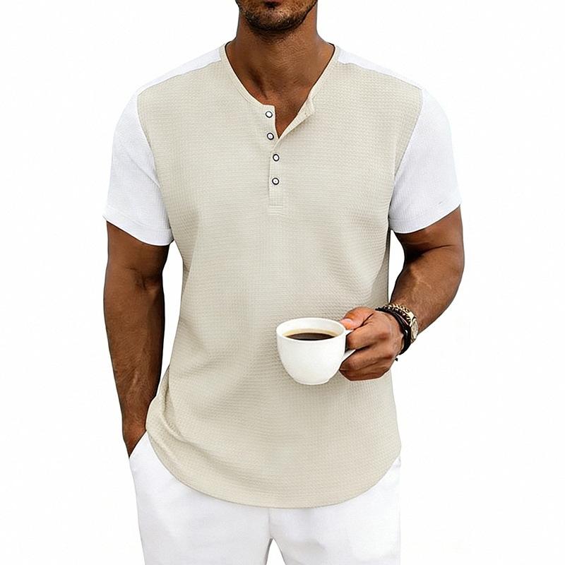 Mens Loose Short Sleeve Waffle Henley T Shirt Summer Casual Top S хаки