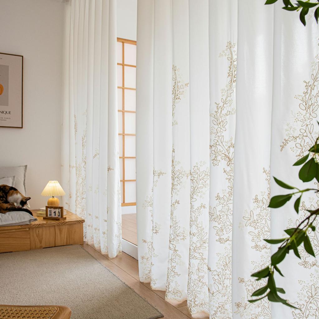 Trendy Embroidered Voile Curtains for Bedroom Living Room Windows Floral Sheer Drapes Country Style