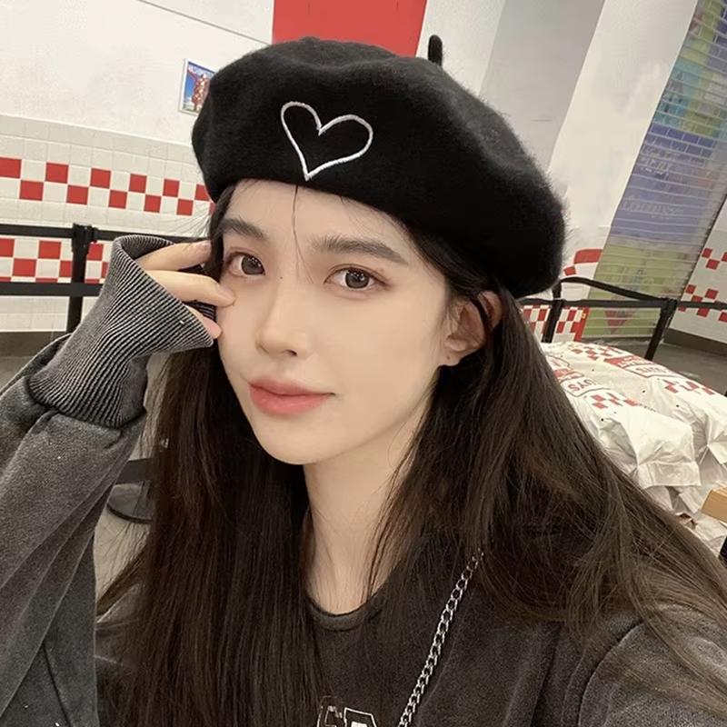 Winter Wool Beret Hat for Women Lady Love Heart Embroidery Warm Pumpkin Hats Ins Korean Girl Y2K Artist Painter Octagonal Caps