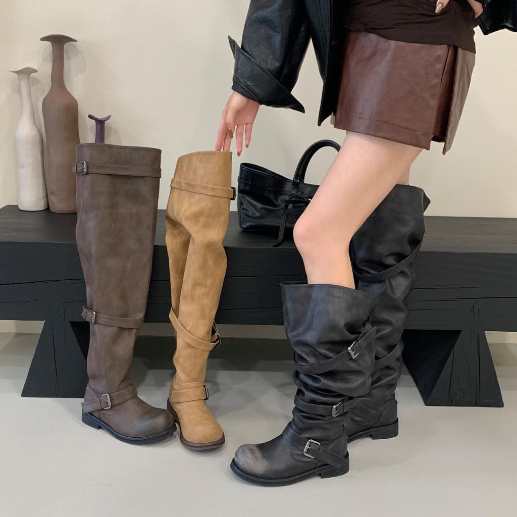 2025 new belt buckle stacking boots over the knee thick heel retro old long boots Korean version boots niche tooling boots women