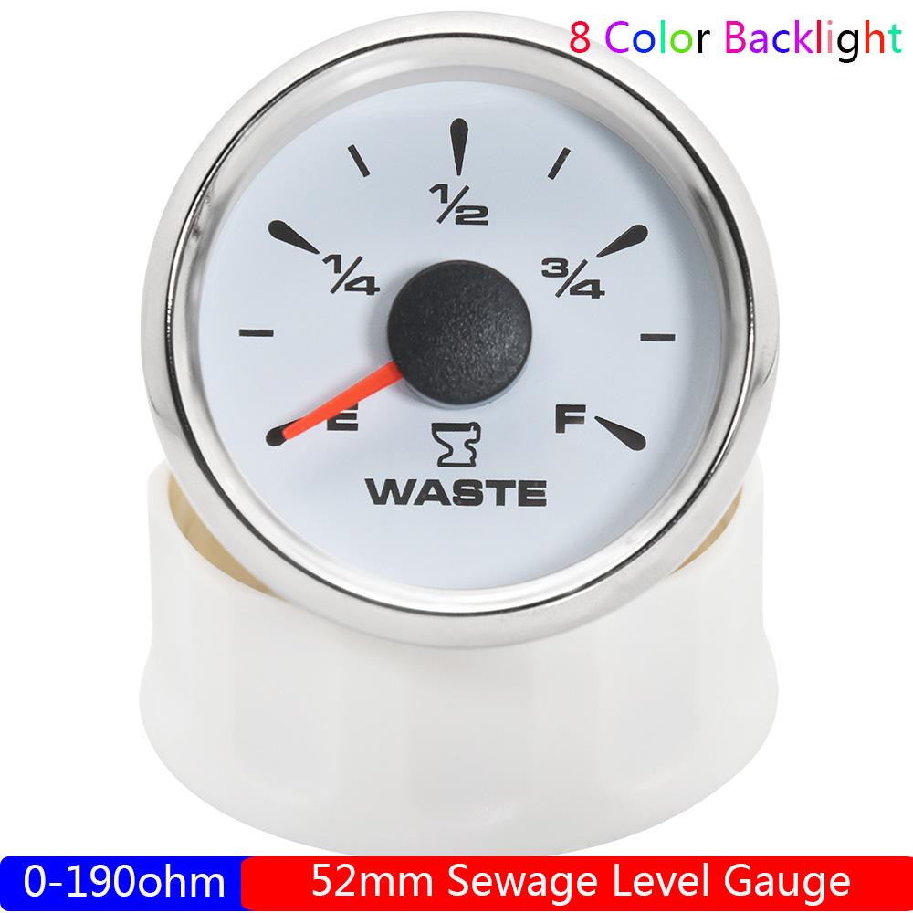 8 Color Backlight Waste Level Gauge 52mm New Boat Water Sender Unit Holding Tank Level Gauge for Sewage Level Sensor Customized WS Waste Gauge