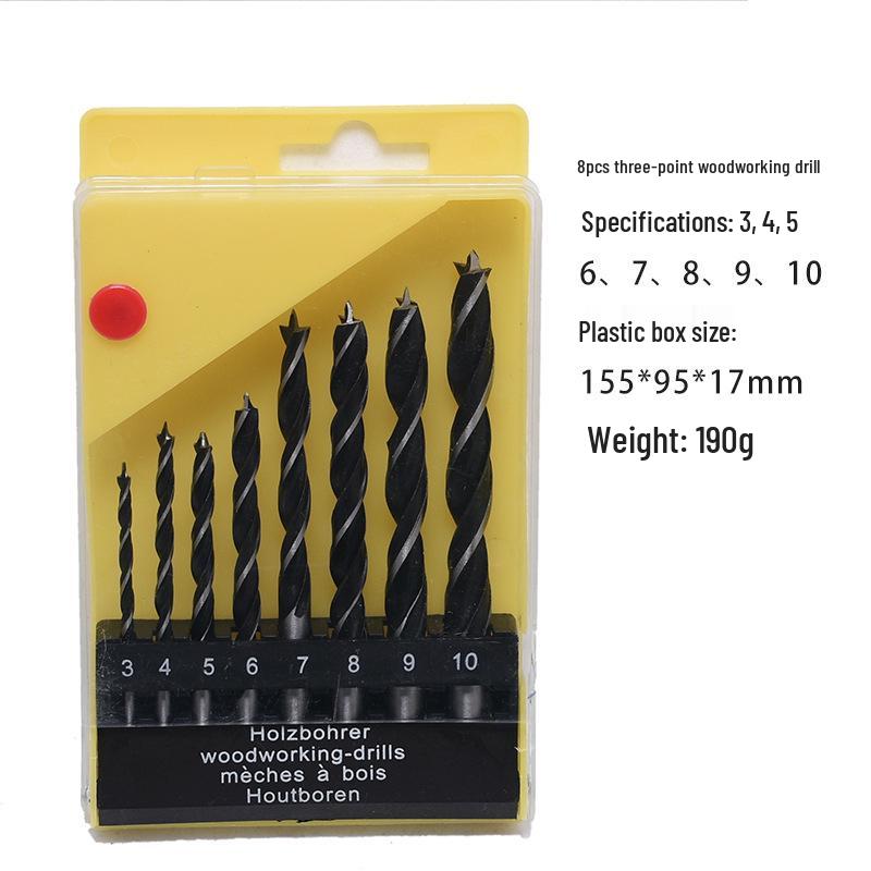 8-Piece High Carbon Steel Three-Point Woodworking Drill Bits Set (3-10mm) for Hand Drilling Wood Boards