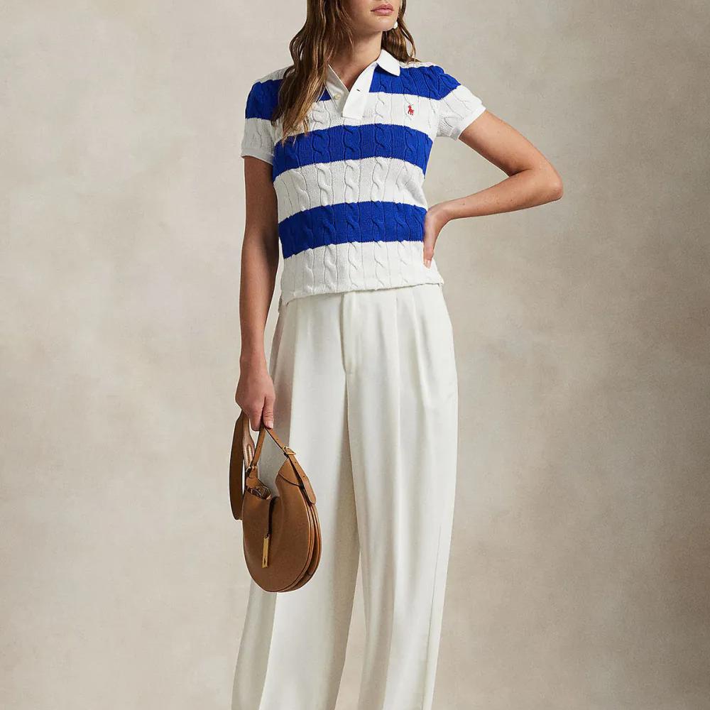 Polo Ralph Lauren Logo Striped Color Block Short Sleeve Polo Shirt Women Tops Blue 211943043-009