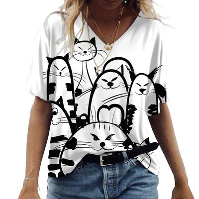 Magliette da donna 3d con scollo a V Stampa grafica gatti carini Manica corta Estiva Moda Kawaii Magliette casual Abbigliamento femminile divertente
