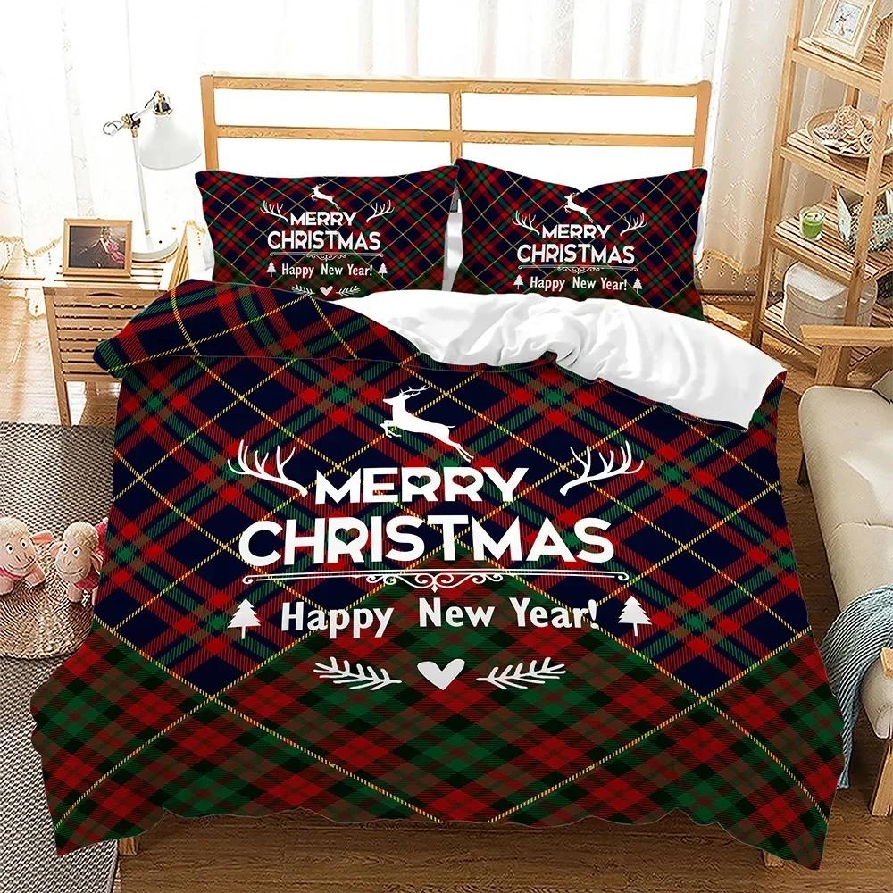 Navidad Plaid Merry Christmas Tree Duvet Cover Twin King Festival Santa Deer Bedding Set Polyester Quilt For Adults Home Decor