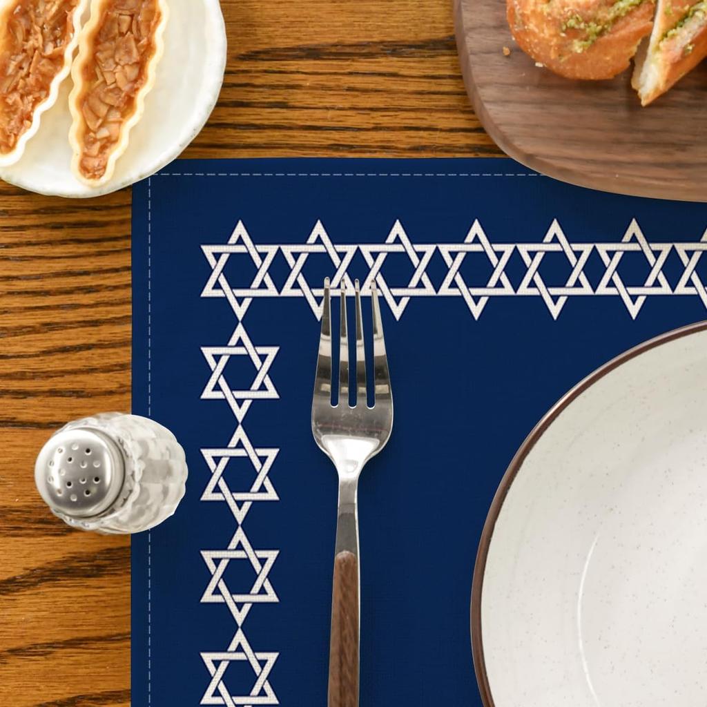 Artoid Mode Passover Hexagram Placemats Set of 4, 12x18 Inch Seasonal Star of David Je Chanukah Table Mats for Party Kitchen Dining Decoration
