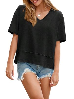 Damen V-Ausschnitt T-Shirt Kurze Ärmel Fließend Locker Basic Sommer T-Shirt Top