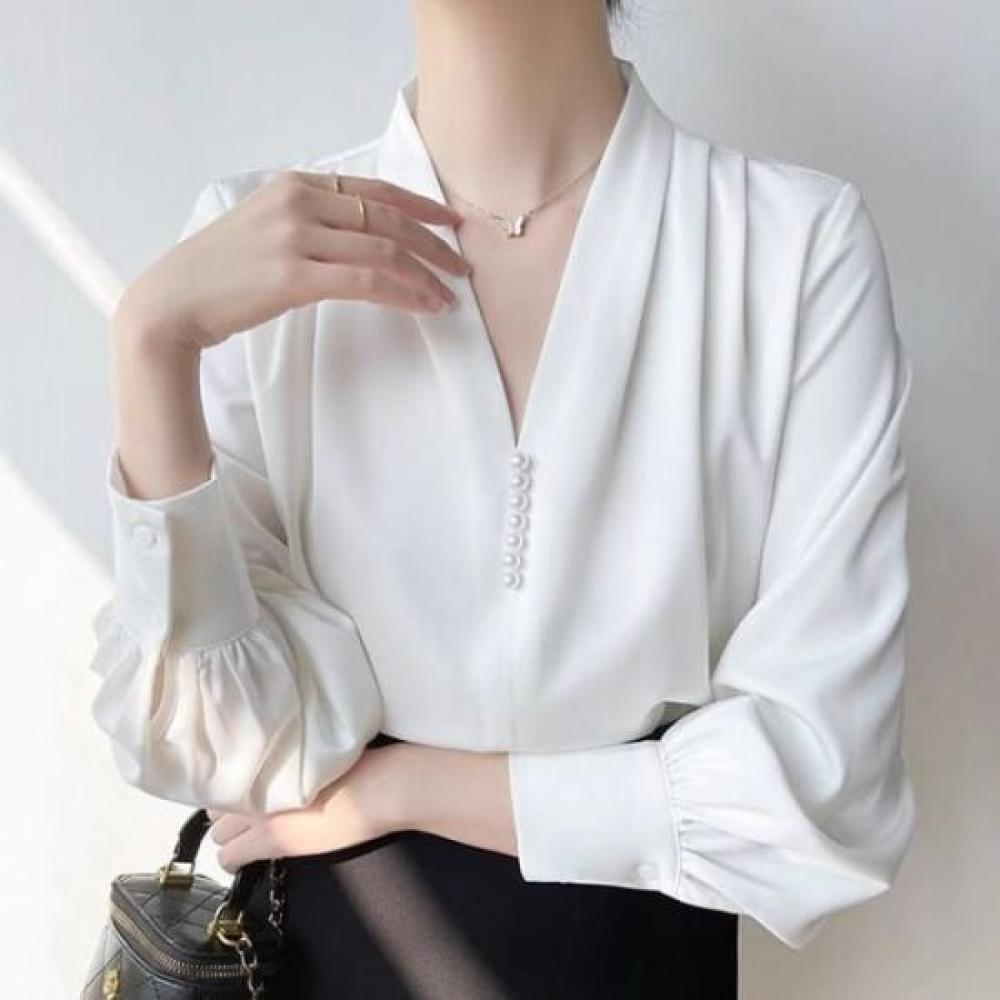 NaVaVa Office Pearl V Neck Long sleeVe Blouse Nb3005