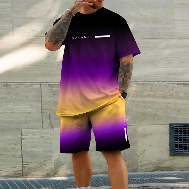 New Fashion Color Gradation 3D Print Men's Suit Oversized Men's Loose Shirt Short Sleeve Summer Casual Breathable Refreshing Set