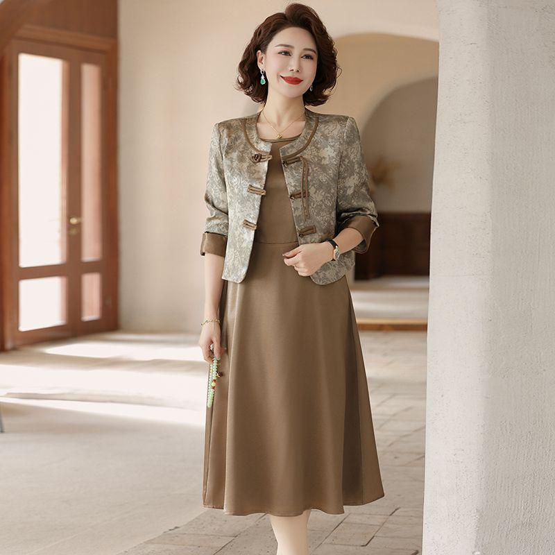 Spring & Autumn Chinese Style Two-Piece Set: Elegant Coat and Mid-Length Skirt for Middle-Aged Women
