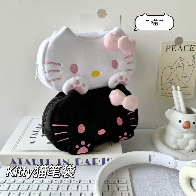 Cute Kt Cat Plush Pencil Case Large Capacity Makeup Bag Kitty Cat Stationery Box Storage Bag Peripheral Products Students Gifts