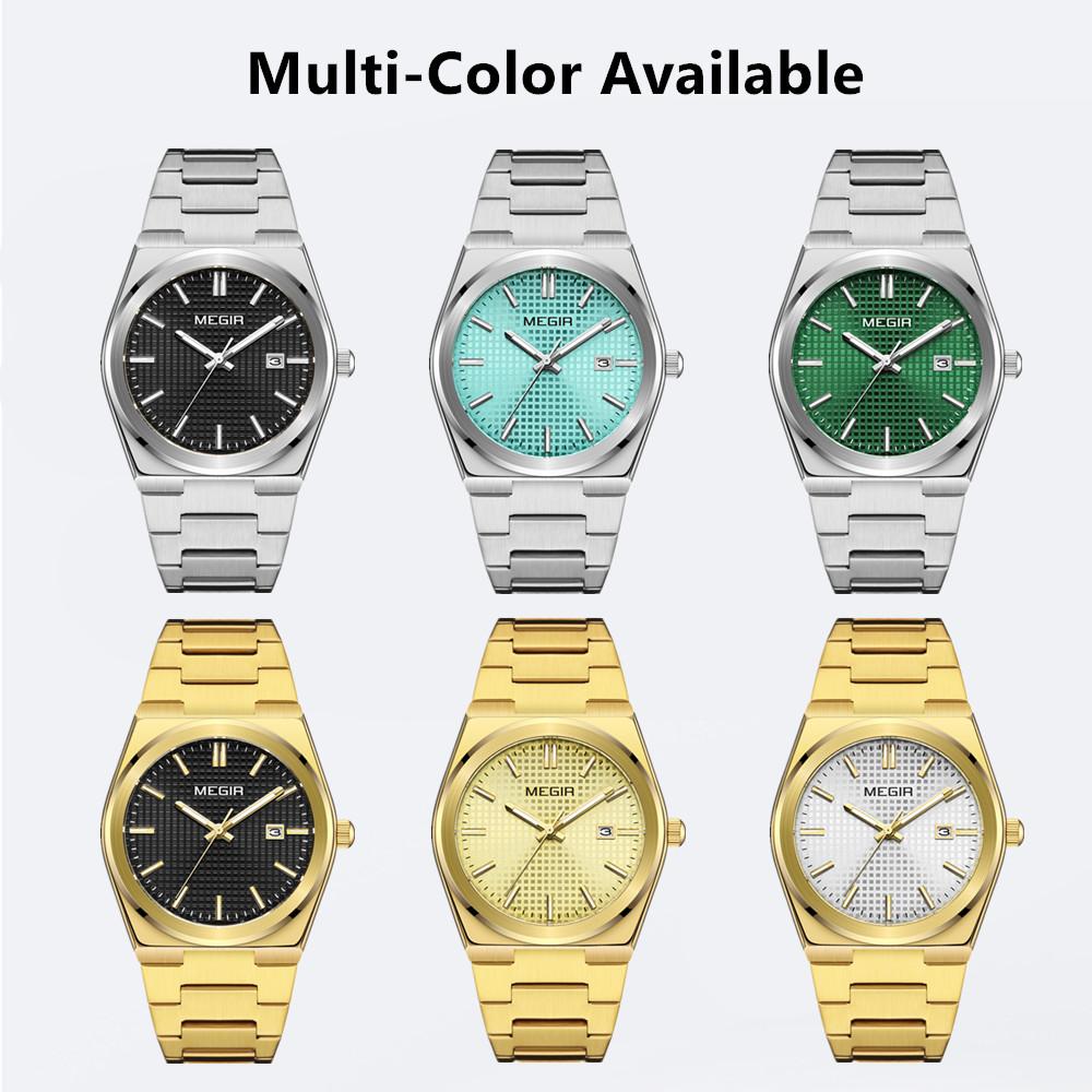Men's New Quartz Watch Fashion Golden Analog Waterproof Wristwatch with Calendar Luminous Hands Stainless Steel Strap
