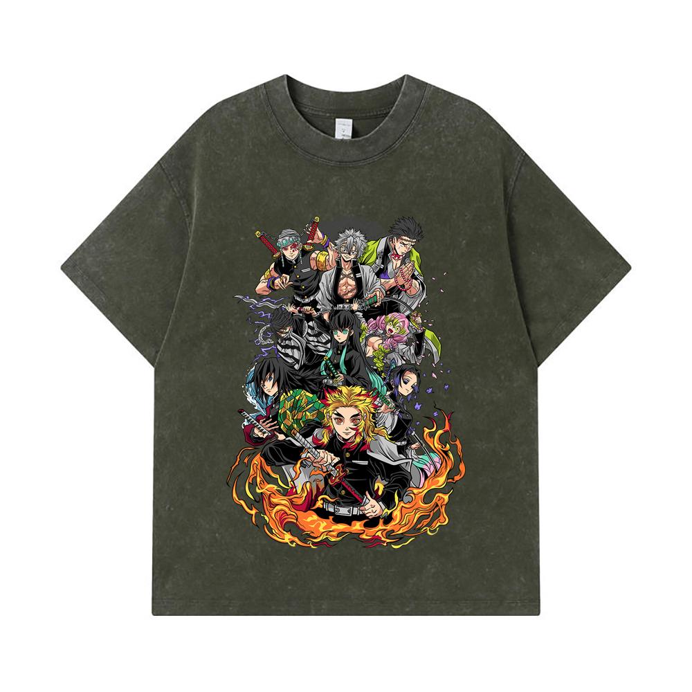 

275 GSM Washed T-shirts 100% Cotton Demon Slayer V61 Hashiras Print Unisex Heavy Cotton T Shirt S армия зеленый