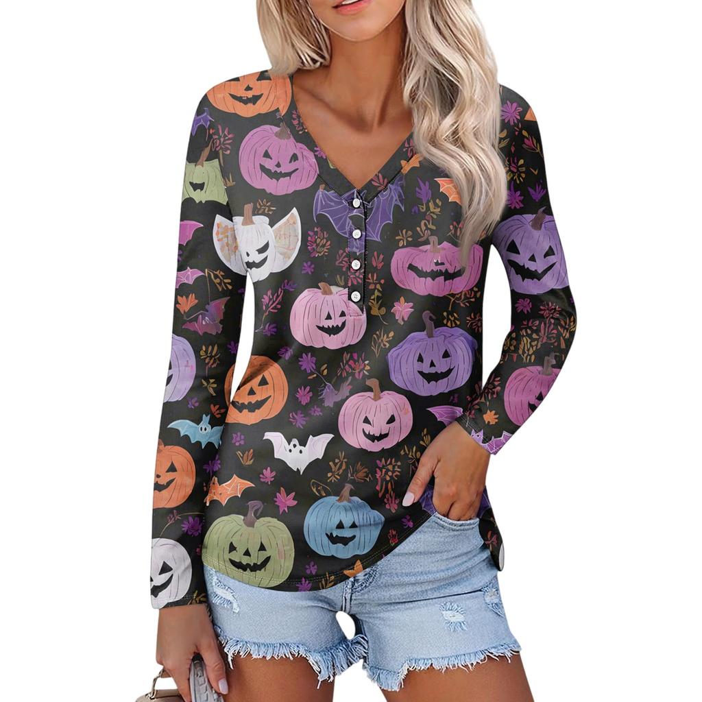 Women's Casual Fashion Sexy Comfort Halloween Printed V-Neck Button Long Sleeve