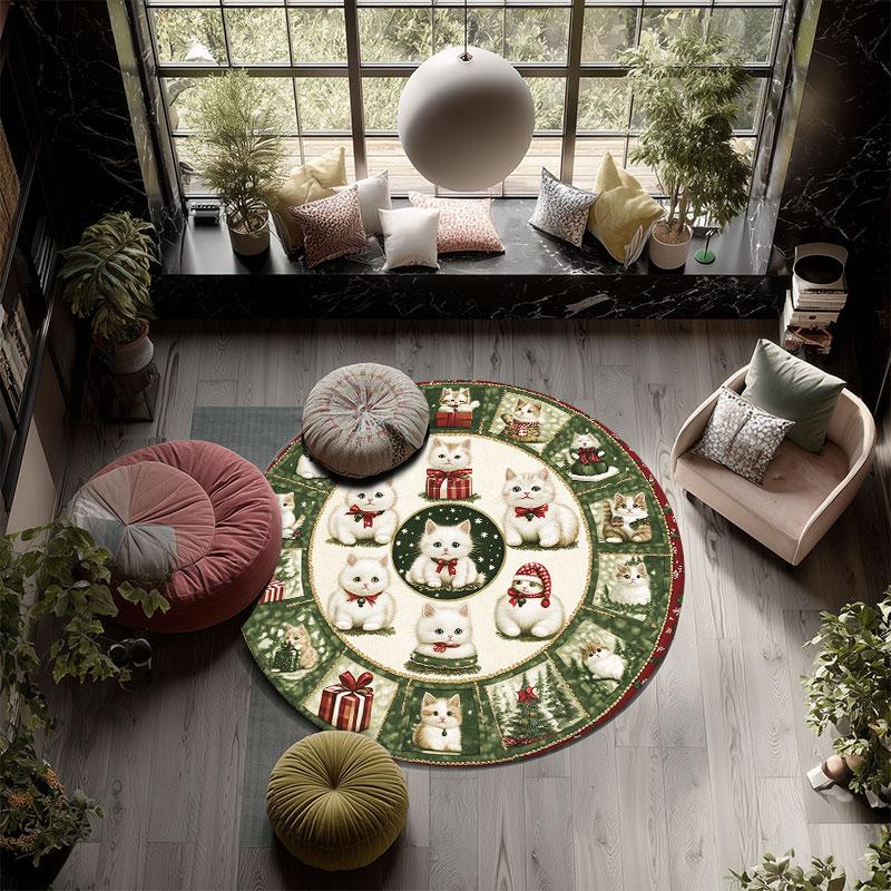 Christmas Kitten Pattern Round rug,Carpet Rug for Living Room Bedroom Playroom ,Non-slip Floor Mat,Holiday Gifts and Birthday Gifts.