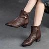 Pointed Toe Pumps Breathable Hollow Boot Genuine Leather Retro Mid Heel Women's Shoes