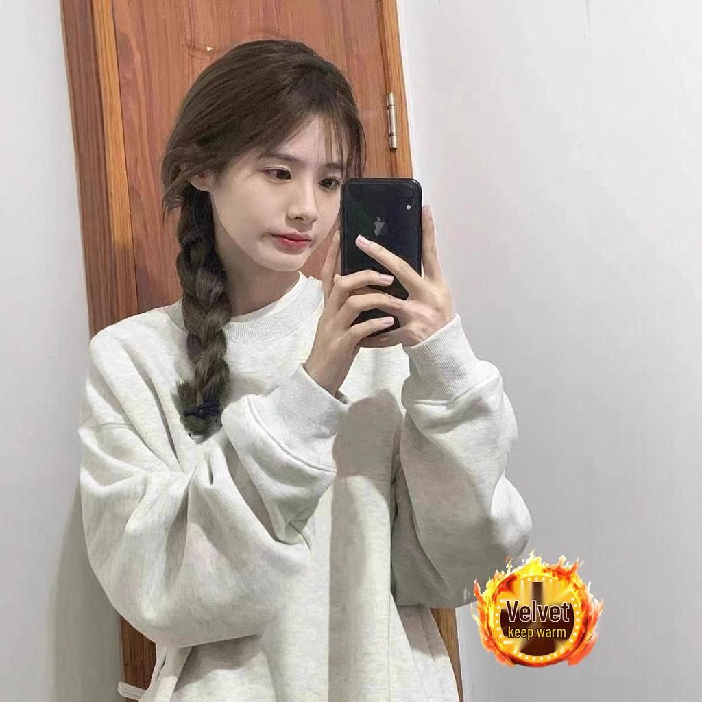 2025 Japanese-Style Solid Color Round Neck Hoodie, Trendy Casual Loose Fit, Sports Base Layer Top for Women and Couples