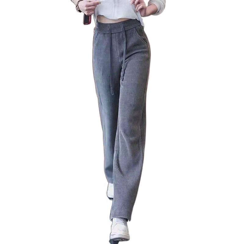 Women's Black Corduroy Wide-Leg Pants with Fleece Lining for Autumn/Winter 2025