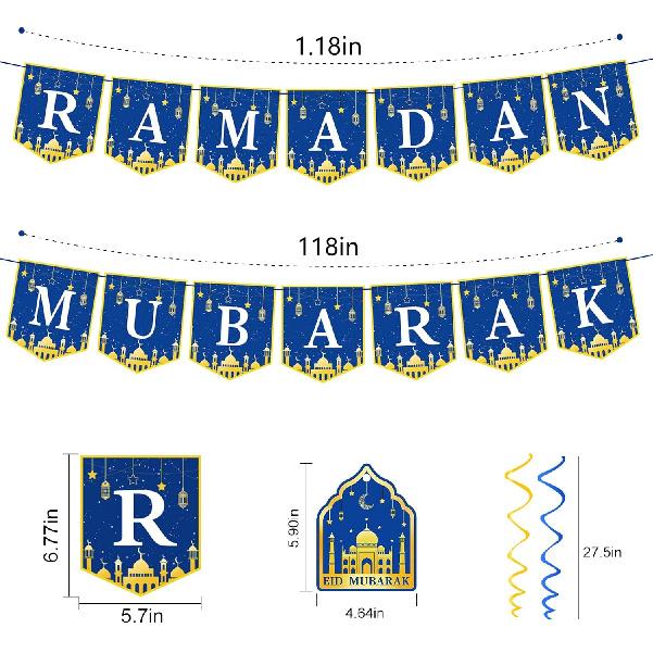 34Pcs Ramadan Decorations Pre-Assembled Mubarak Eid Kareem Muslim Banner Hanging Swirls Garland Decor Party Supplies Ramadan Decorations for Home
