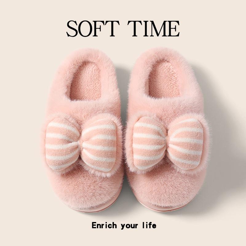 Bow Cotton Slippers Women's Autumn and Winter Indoor Home Cute Plush Thick Bottom Household Cotton Drag Women
